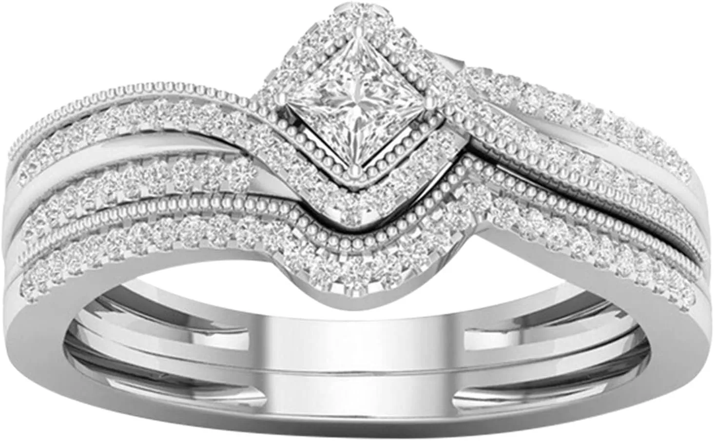 Princess Cut and Round Cubic Zirconia Matching Anniversary Bands Square Wedding Bridal Ring Set Yellow Gold-Plated