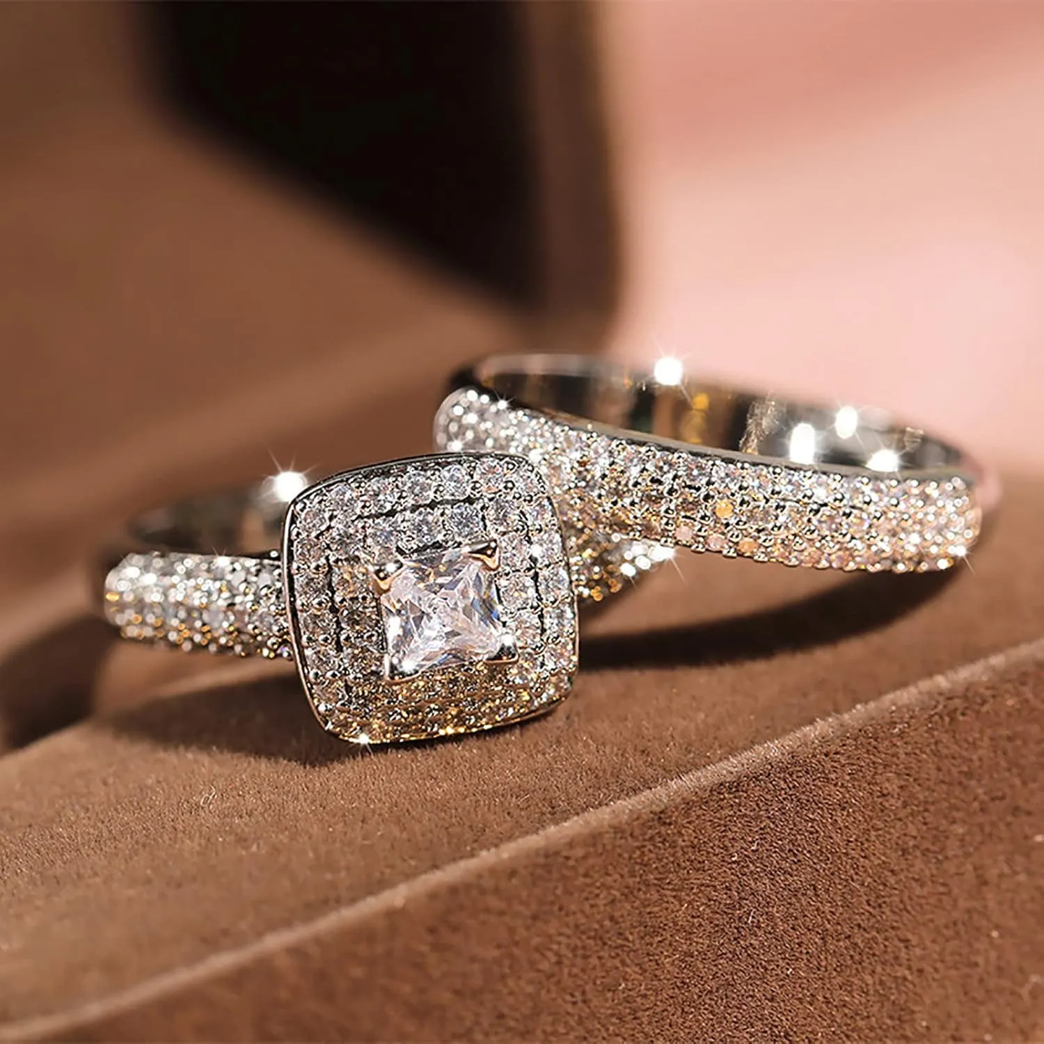 Princess Cut Cubic Zirconia CZ Anniversary Ring Set for Women Silver Solitaire Elegant Wedding Engagement Rings