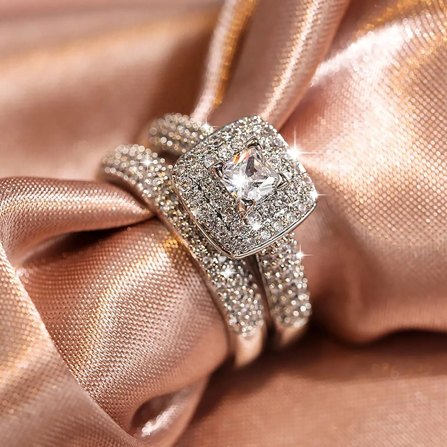 Princess Cut Cubic Zirconia CZ Anniversary Ring Set for Women Silver Solitaire Elegant Wedding Engagement Rings