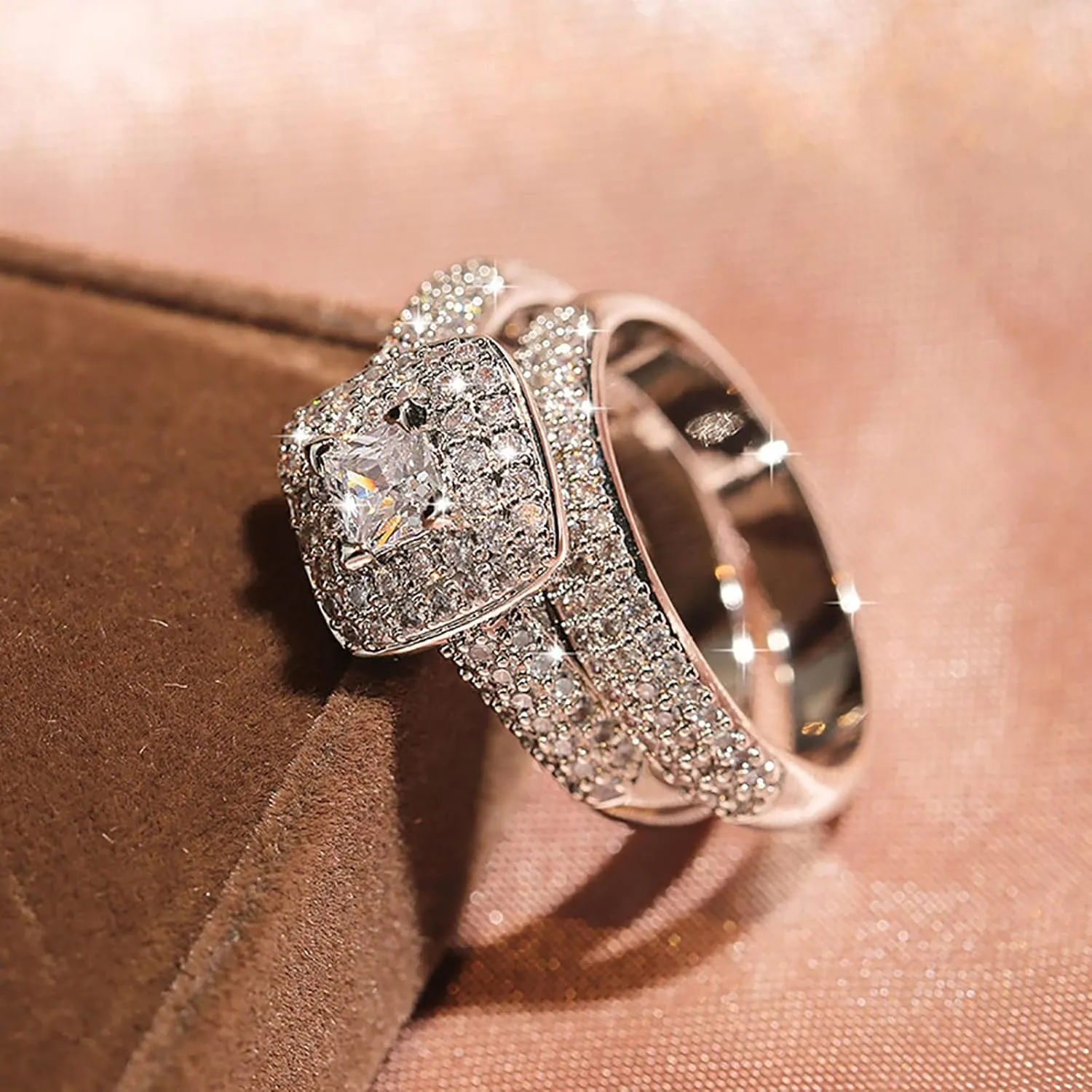 Princess Cut Cubic Zirconia CZ Anniversary Ring Set for Women Silver Solitaire Elegant Wedding Engagement Rings