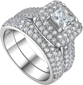 Princess Cut Cubic Zirconia CZ Anniversary Ring Set for Women Silver Solitaire Elegant Wedding Engagement Rings