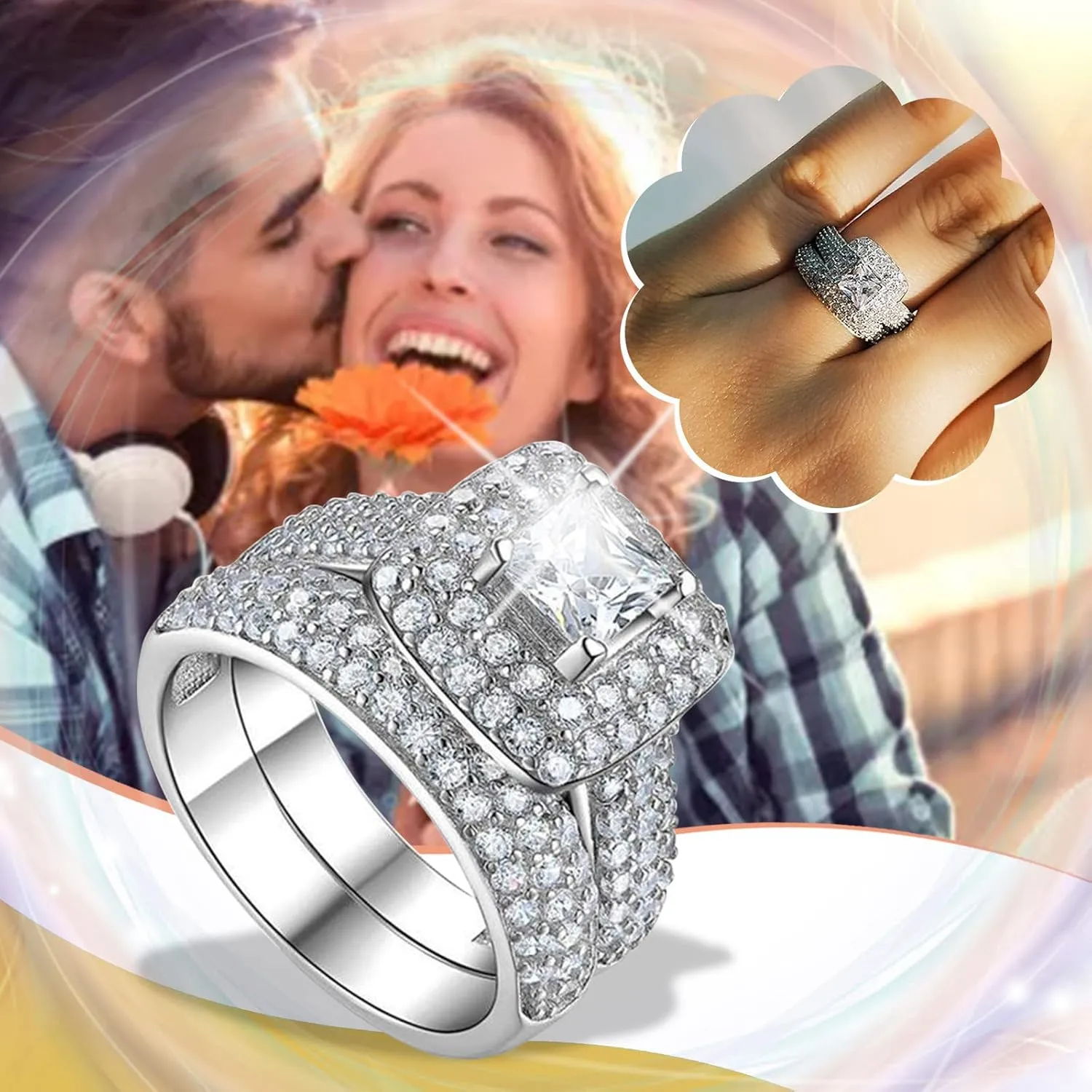 Princess Cut Cubic Zirconia CZ Anniversary Ring Set for Women Silver Solitaire Elegant Wedding Engagement Rings
