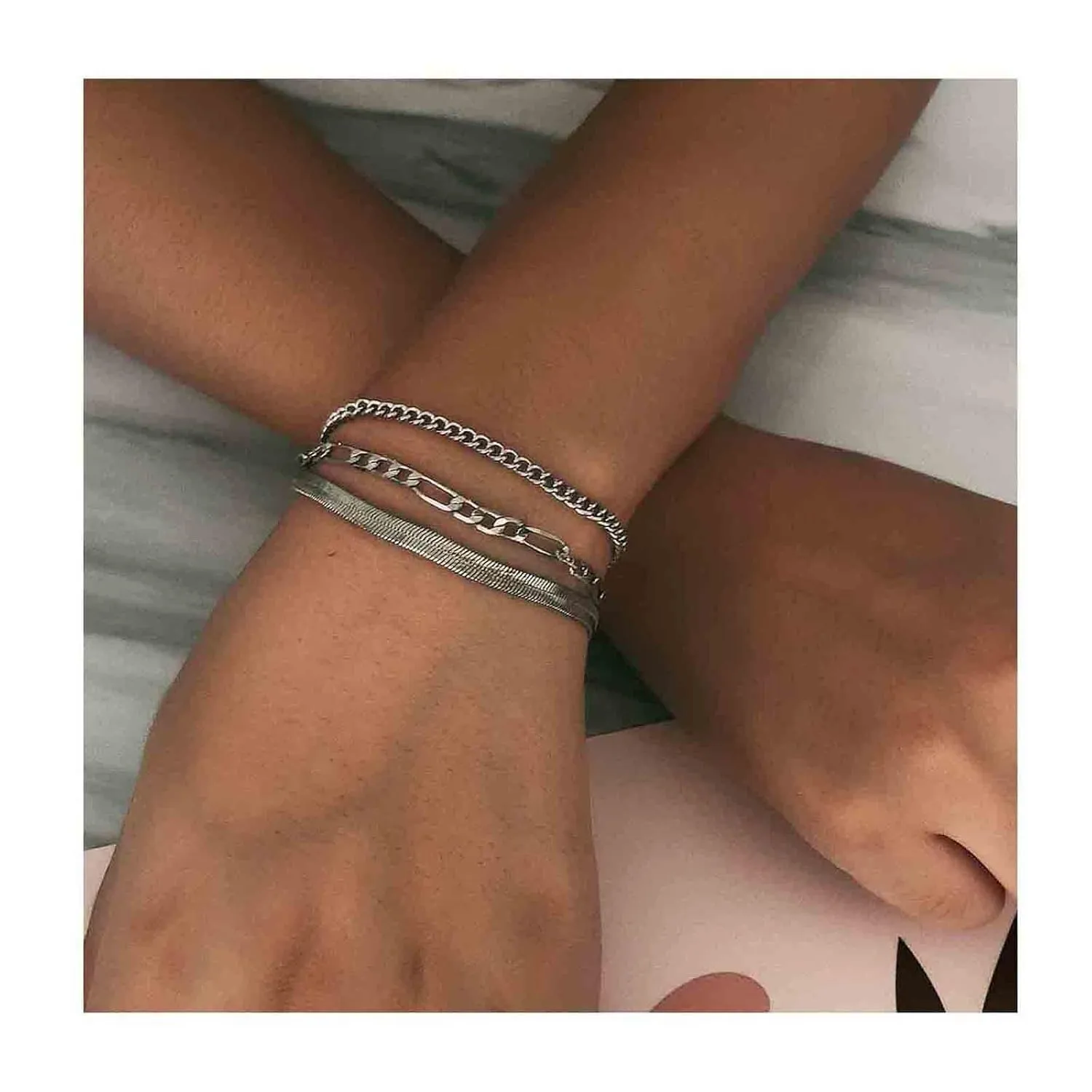 Punk Layered Chain Bracelet Silver Snake Chain Bracelet Vintage Figaro Chain Bracelet Thick Curb Link Chain Bracelet Gothic Hand Chain Jewelry for Women and Girls (Silver)