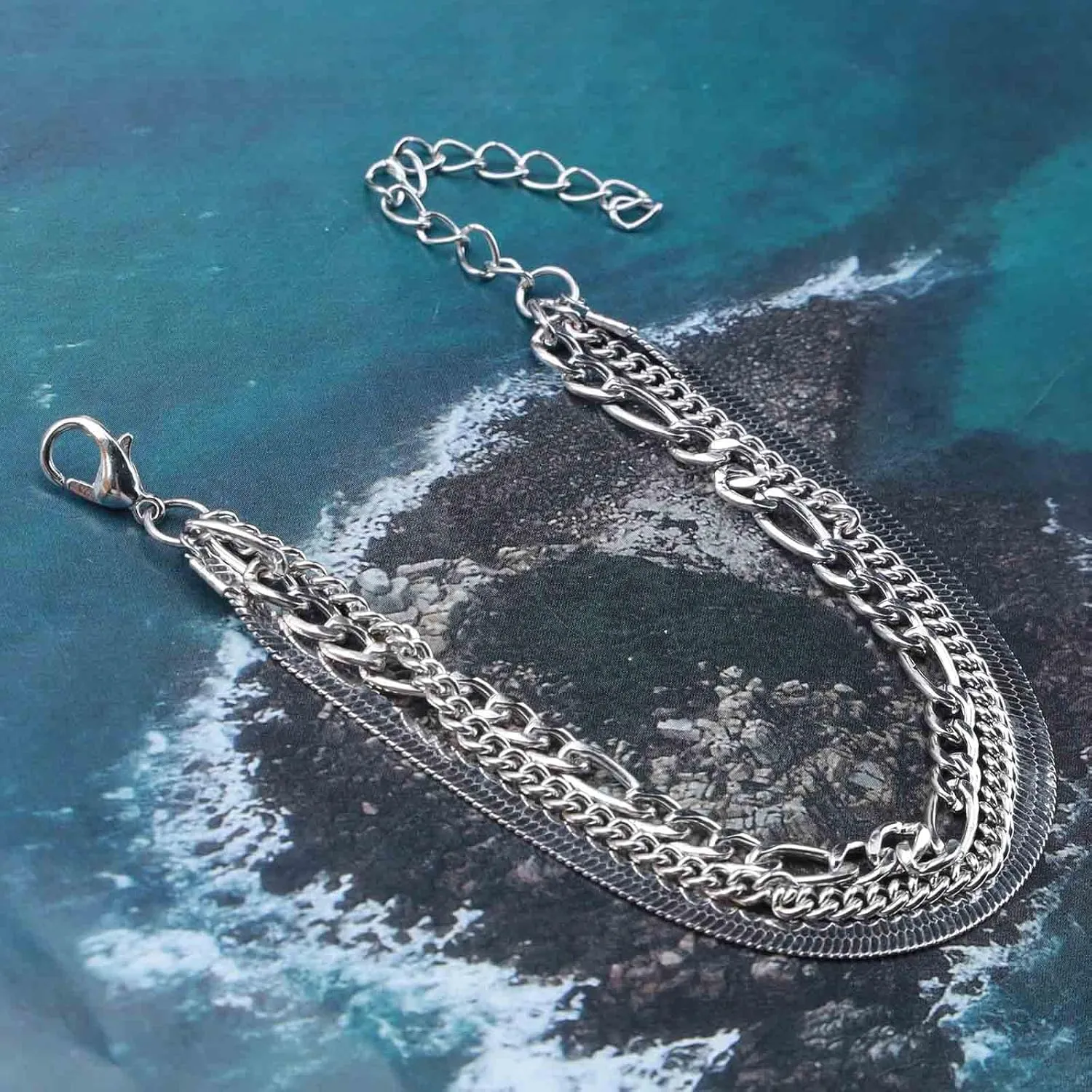 Punk Layered Chain Bracelet Silver Snake Chain Bracelet Vintage Figaro Chain Bracelet Thick Curb Link Chain Bracelet Gothic Hand Chain Jewelry for Women and Girls (Silver)