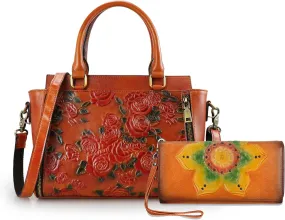 Purses and Handbags for Women Tote Handle Satchel Vintage Embossing Rose and Womens Wallet Brown Bundle