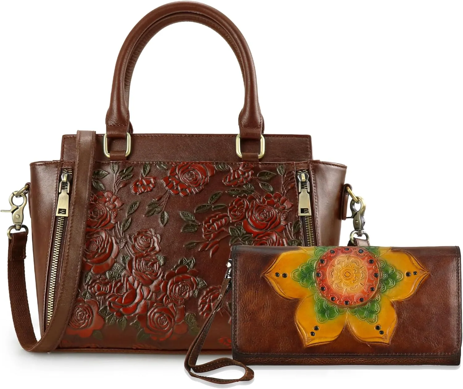 Purses and Handbags for Women Tote Handle Satchel Vintage Embossing Rose and Womens Wallet Coffee Bundle