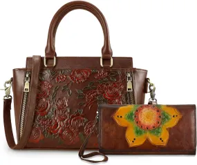 Purses and Handbags for Women Tote Handle Satchel Vintage Embossing Rose and Womens Wallet Coffee Bundle
