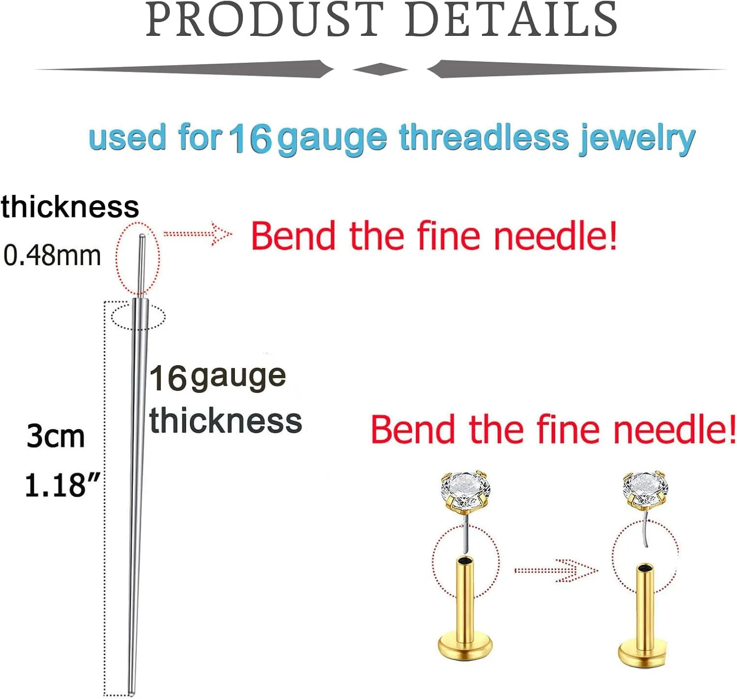 QWALIT Piercing Taper Threadless Insertion Tool - Titanium Labret Pin 16g, 18g, 20g