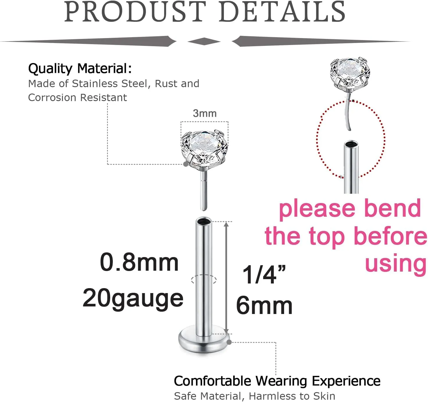 QWALIT Piercing Taper Threadless Insertion Tool - Titanium Labret Pin 16g, 18g, 20g