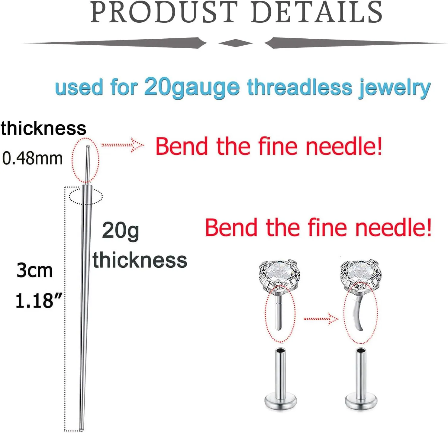 QWALIT Piercing Taper Threadless Insertion Tool - Titanium Labret Pin 16g, 18g, 20g