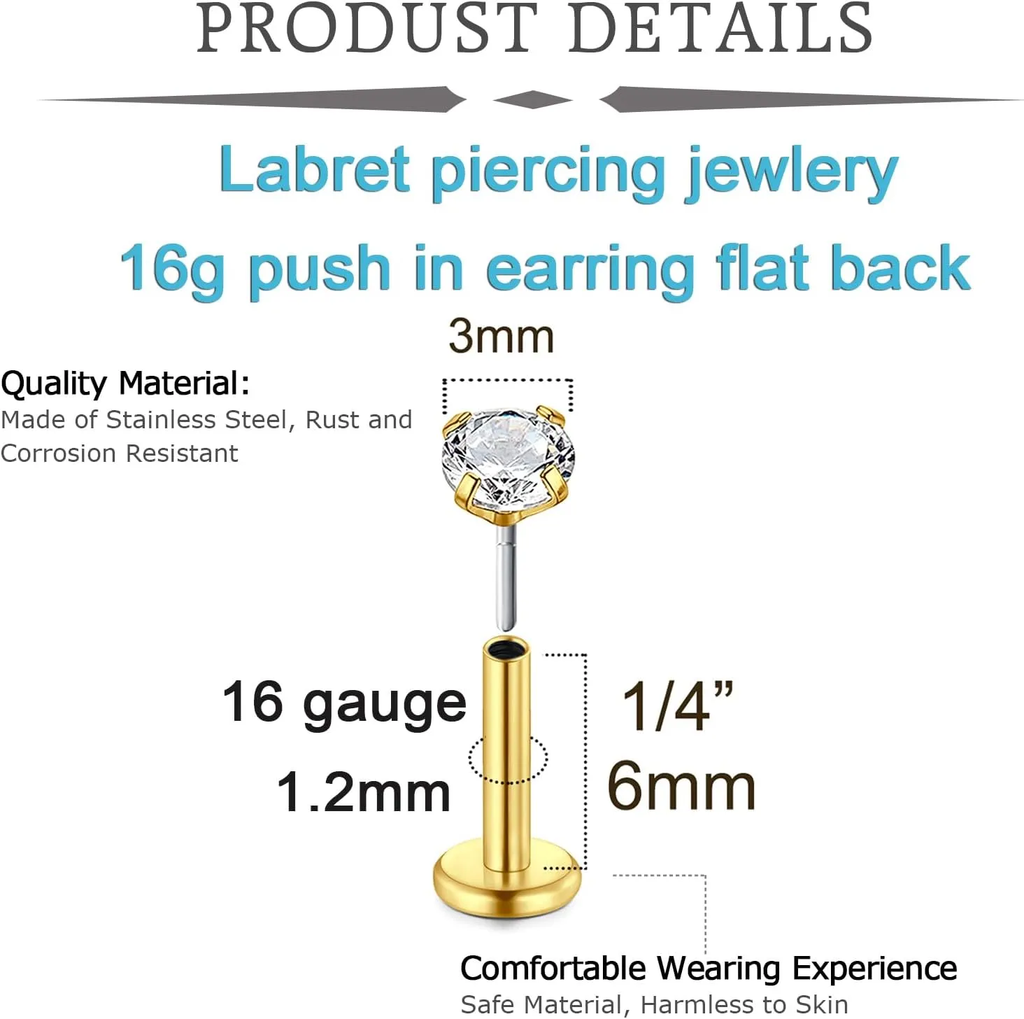 QWALIT Piercing Taper Threadless Insertion Tool - Titanium Labret Pin 16g, 18g, 20g