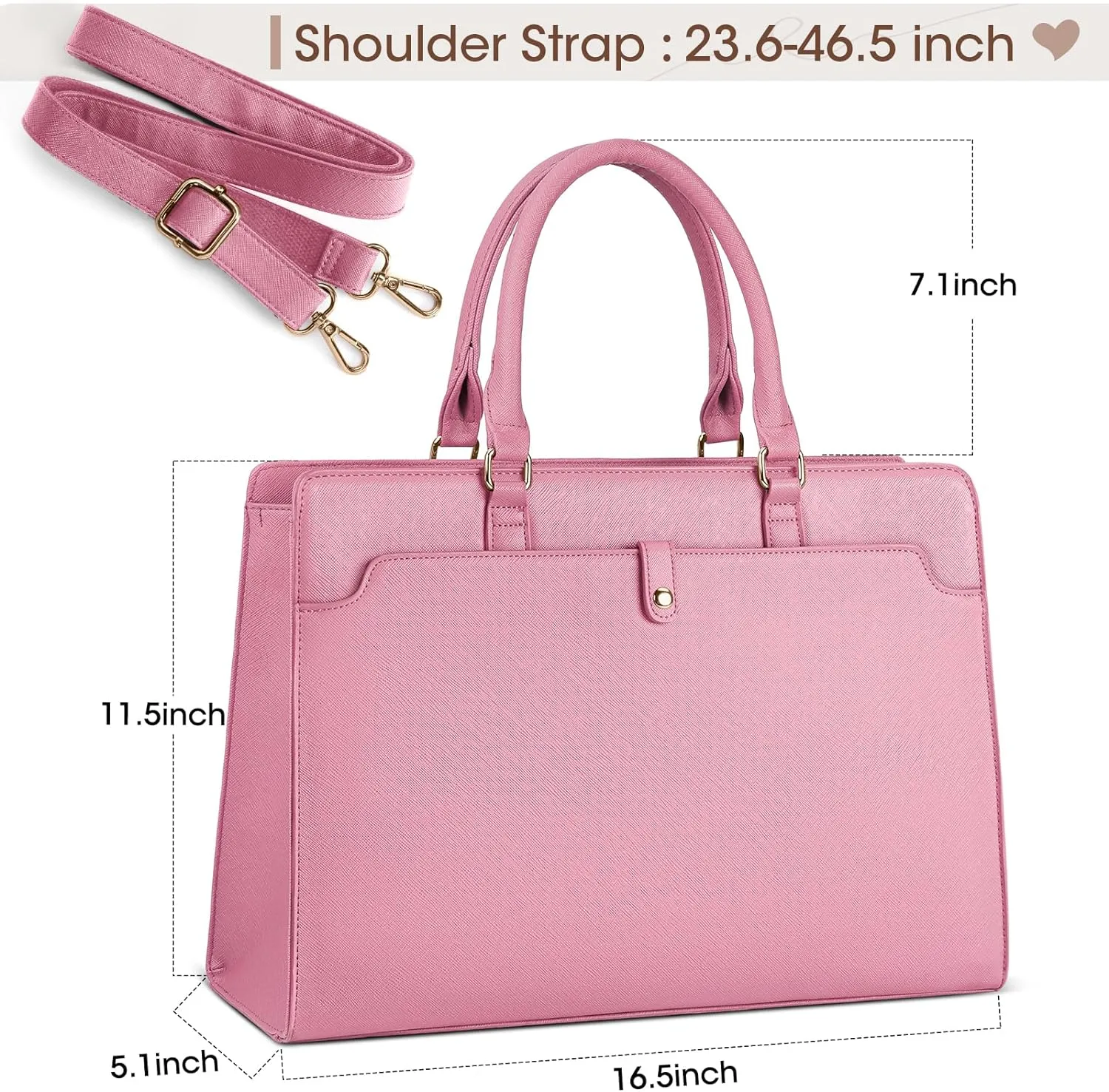 RAINSMORE Laptop Bag for Women 15.6 Inch Laptop Tote Bag Leather Work Bag Waterproof Womens Briefcase Business Office Computer Tote Bag Large Capacity Handbag Shoulder Bag Pink