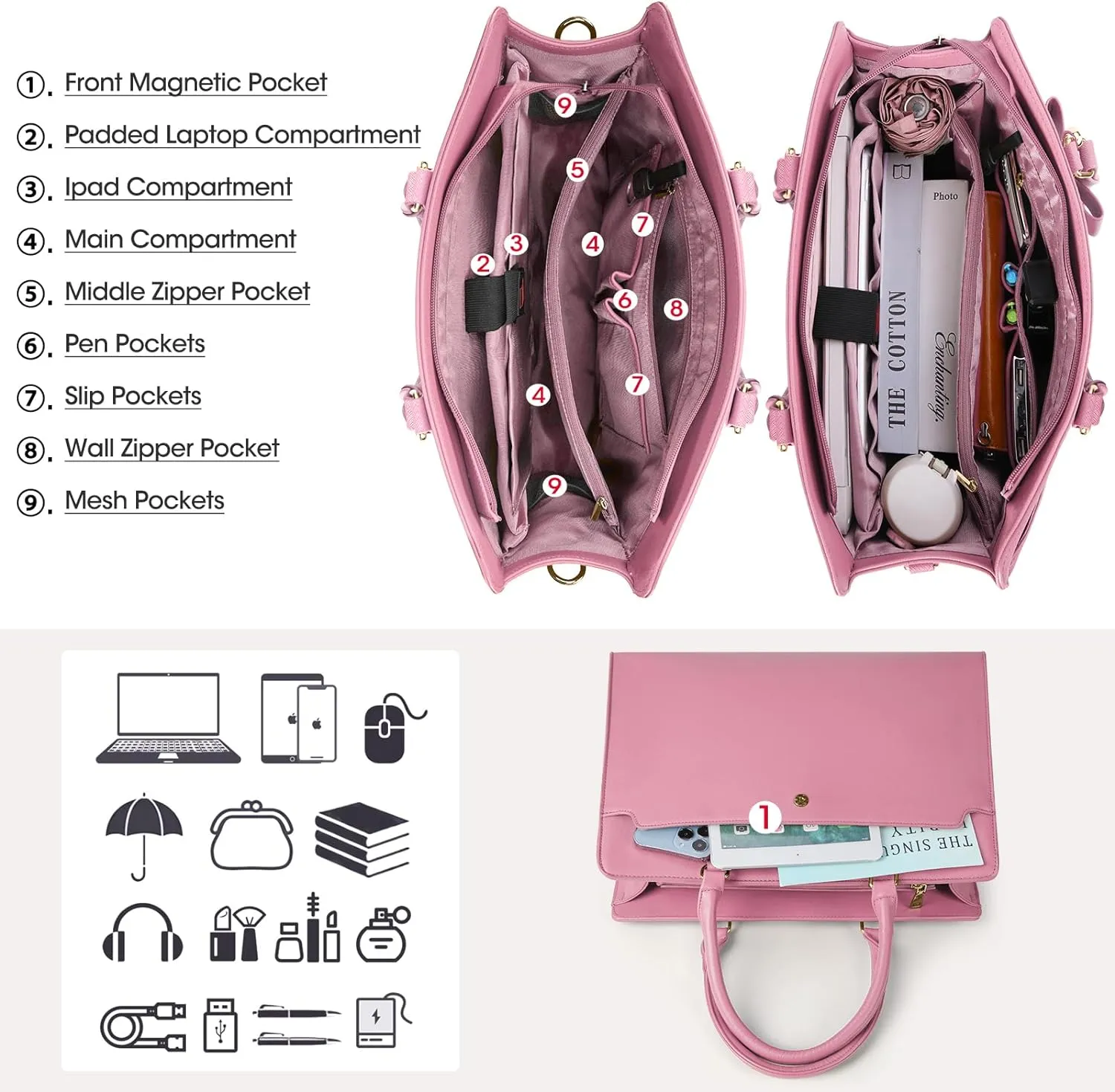RAINSMORE Laptop Bag for Women 15.6 Inch Laptop Tote Bag Leather Work Bag Waterproof Womens Briefcase Business Office Computer Tote Bag Large Capacity Handbag Shoulder Bag Pink