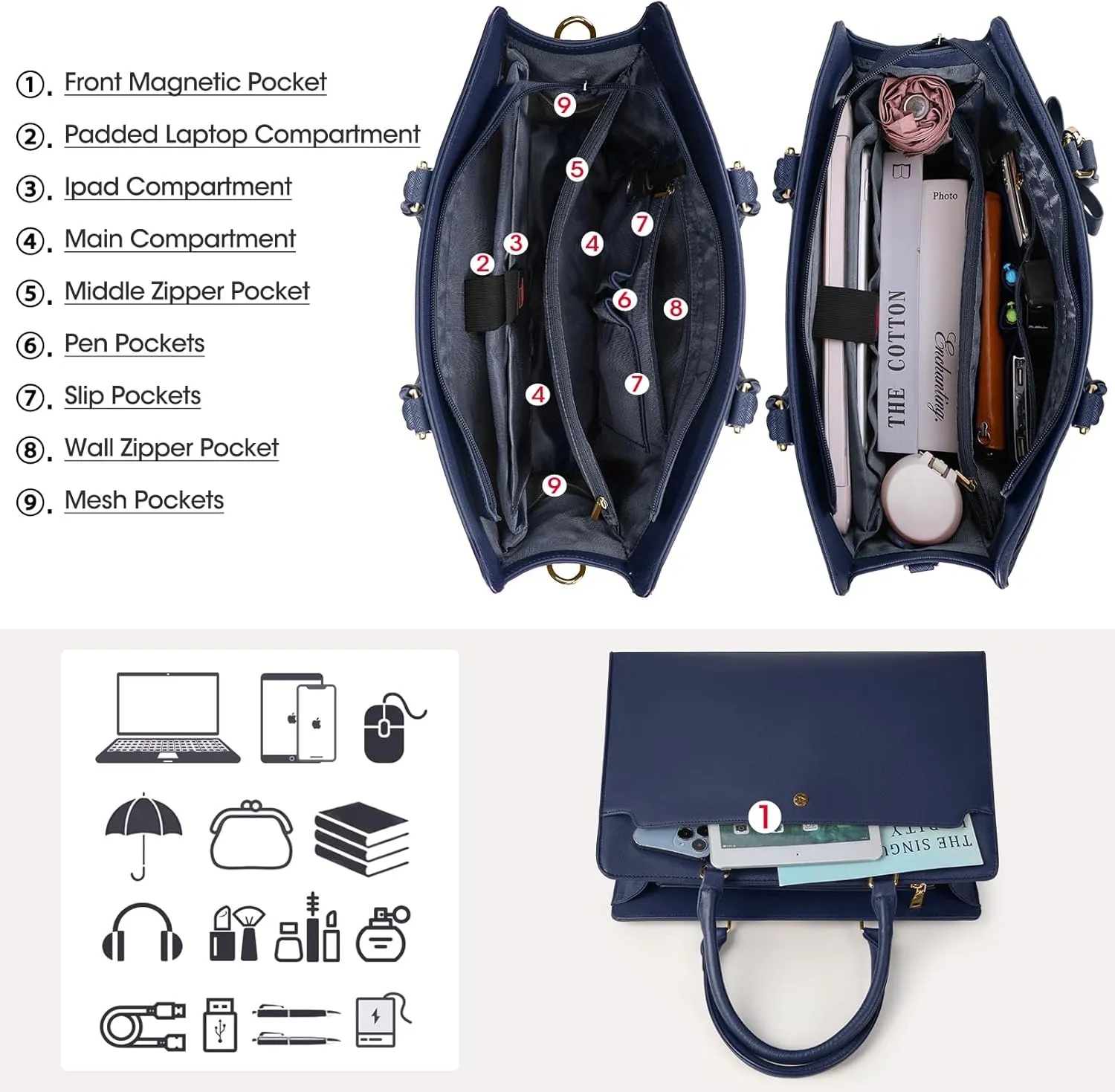 RAINSMORE Laptop Bag for Women 15.6 Inch Laptop Tote Bag Leather Work Bag Waterproof Womens Briefcase Business Office Computer Tote Bag Large Capacity Handbag Shoulder Bag Purple Blue