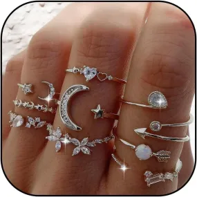Rings Gifts Trendy Stuff for Women Stackable Rings Rhinestone Moon Star Stacking Rings Set Gold Silver Rings for Women Non Tarnish Rhinestone Gold Plated Miidi Pinky Thumb Rings Jewelry Stocking Stuffers