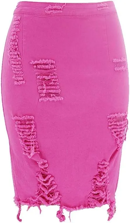 Ripped Distressed Denim Skirt for Women Summer High Waisted Pencil Skirt Sexy Bodycon Skirt