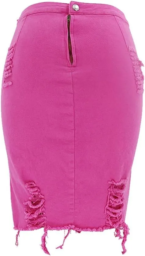 Ripped Distressed Denim Skirt for Women Summer High Waisted Pencil Skirt Sexy Bodycon Skirt