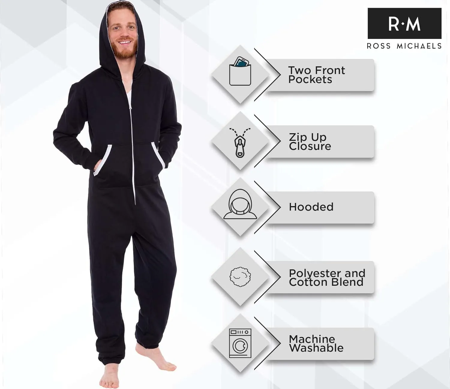 Ross Michaels Men's Hooded Jumpsuit - Zip Up One Piece Pajamas