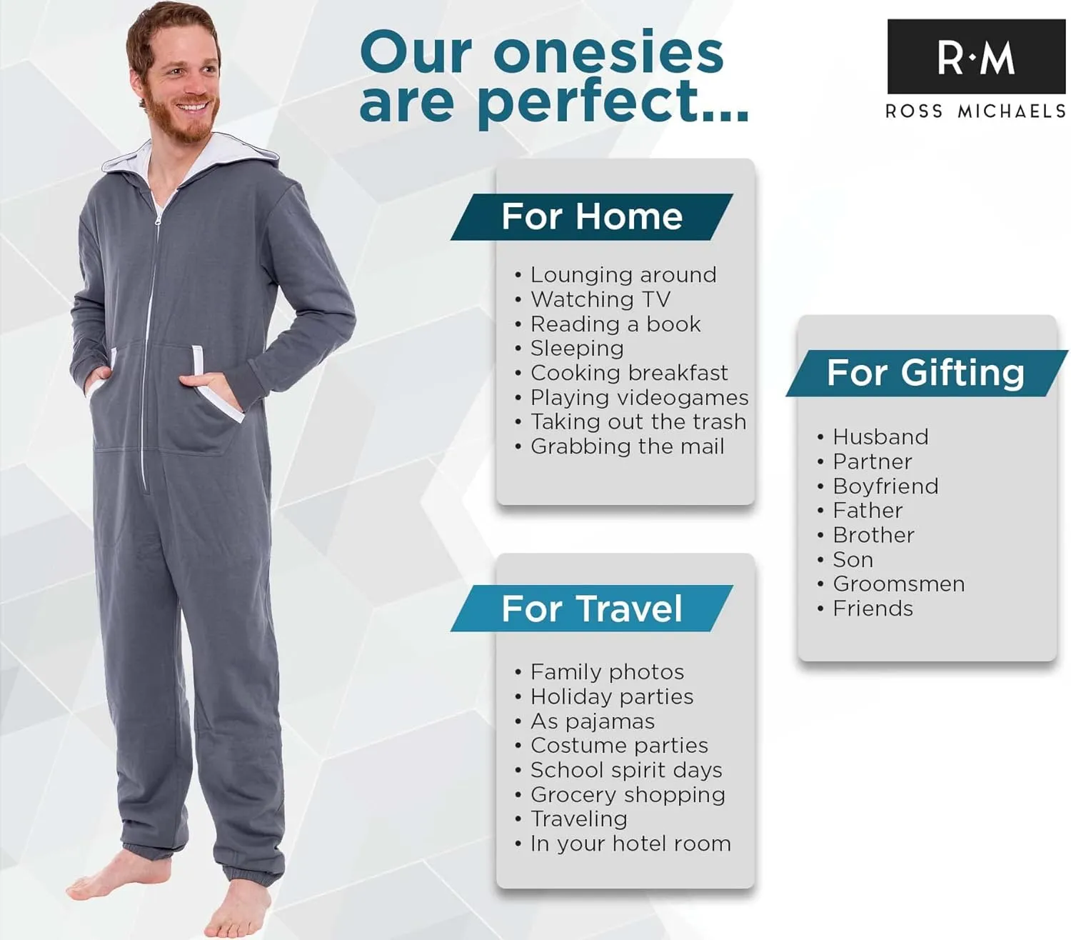 Ross Michaels Men's Hooded Jumpsuit - Zip Up One Piece Pajamas