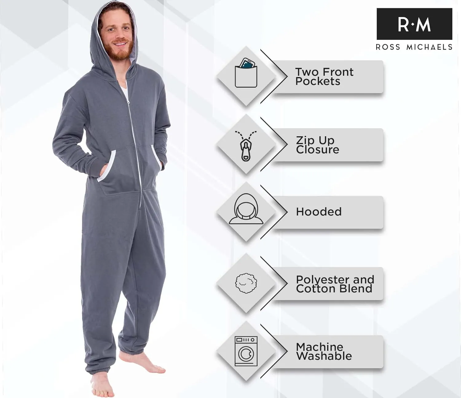 Ross Michaels Men's Hooded Jumpsuit - Zip Up One Piece Pajamas