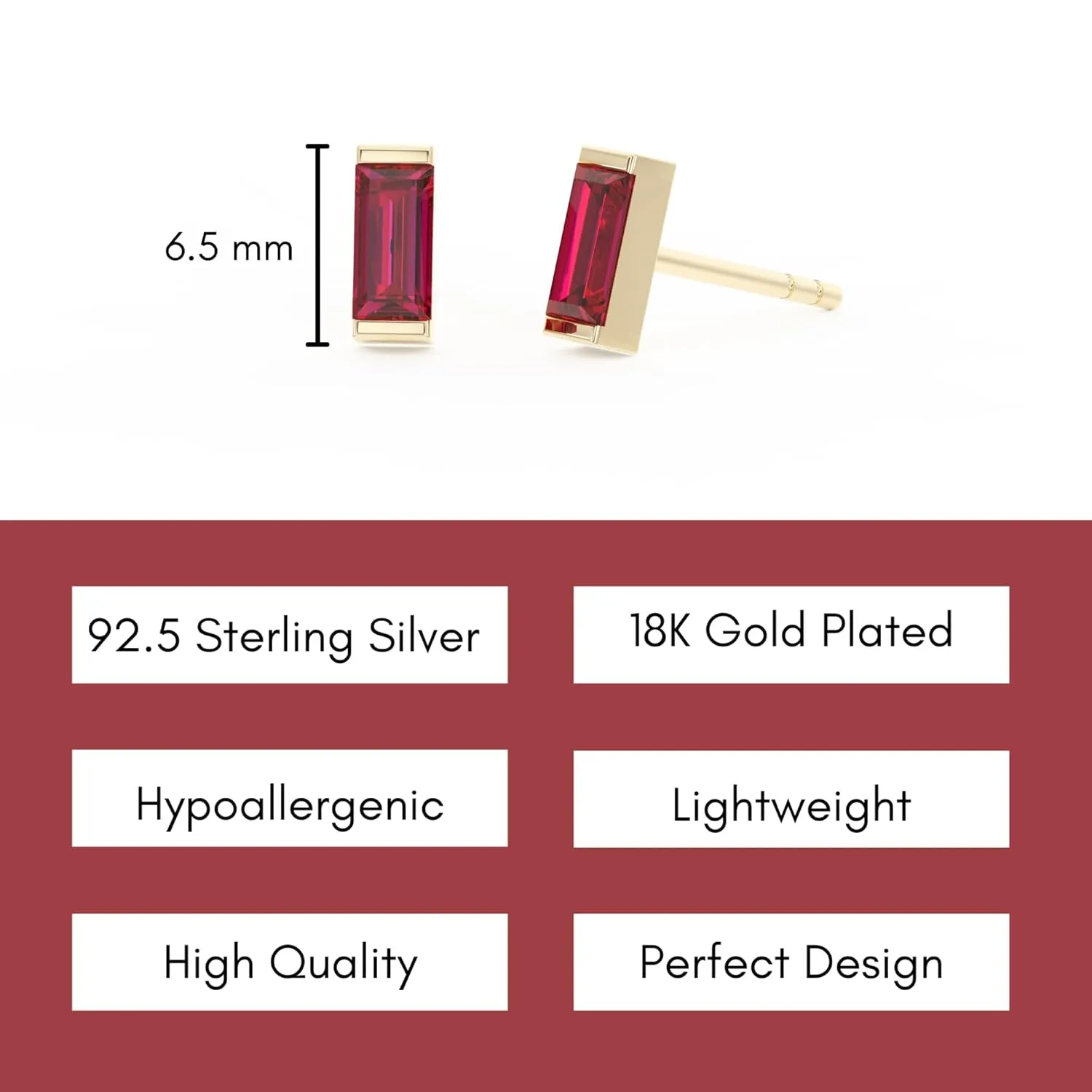 Ruby Stud Earrings for Women, Rectangle Stud Earrings - Hypoallergenic 18K Gold Stud Earrings, Genuine 925 Sterling Silver - July Birthstone Mothers Day Gifts (6.5mm Rectangle)