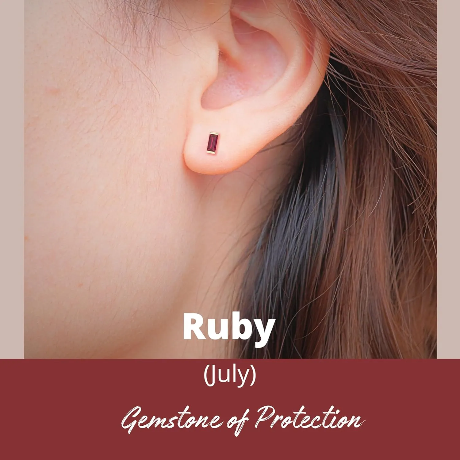 Ruby Stud Earrings for Women, Rectangle Stud Earrings - Hypoallergenic 18K Gold Stud Earrings, Genuine 925 Sterling Silver - July Birthstone Mothers Day Gifts (6.5mm Rectangle)