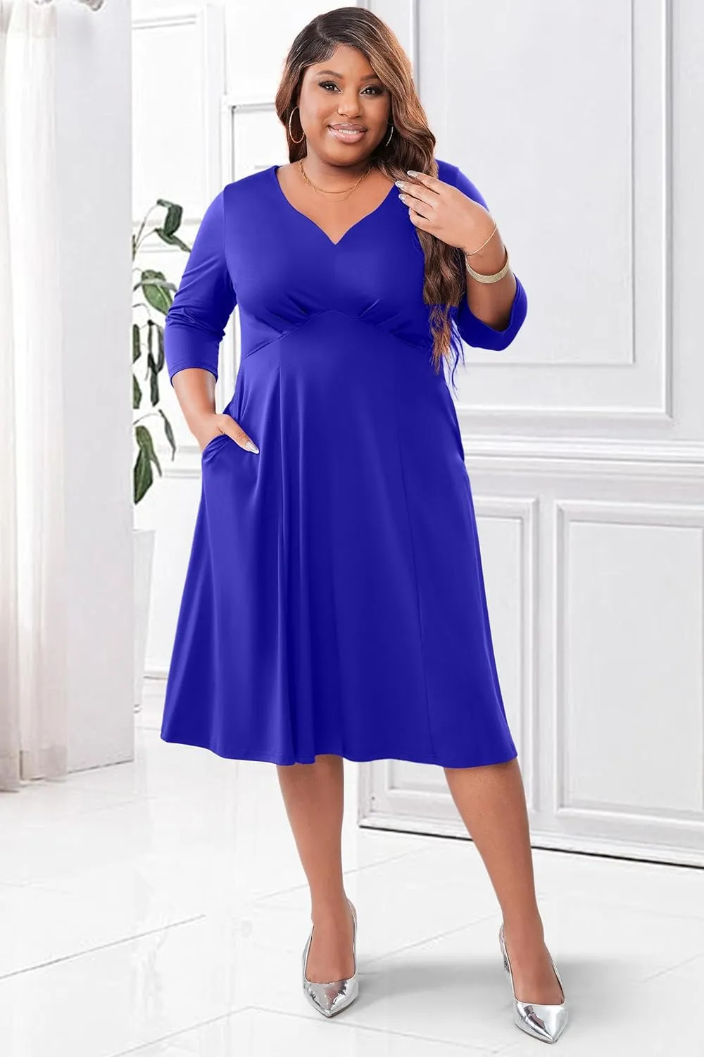 Runwind Plus Size Dresses Women Fit and Flare A-Line Swing Dress 3/4 Sleeve Cocktail A Line Casual Dress with Pockets