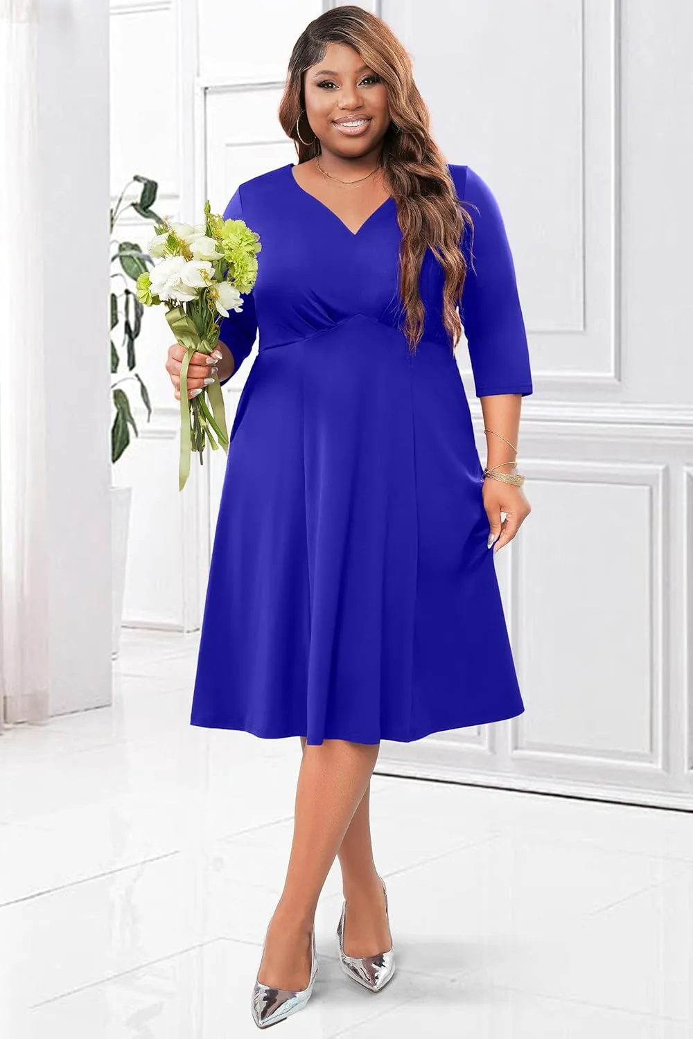 Runwind Plus Size Dresses Women Fit and Flare A-Line Swing Dress 3/4 Sleeve Cocktail A Line Casual Dress with Pockets