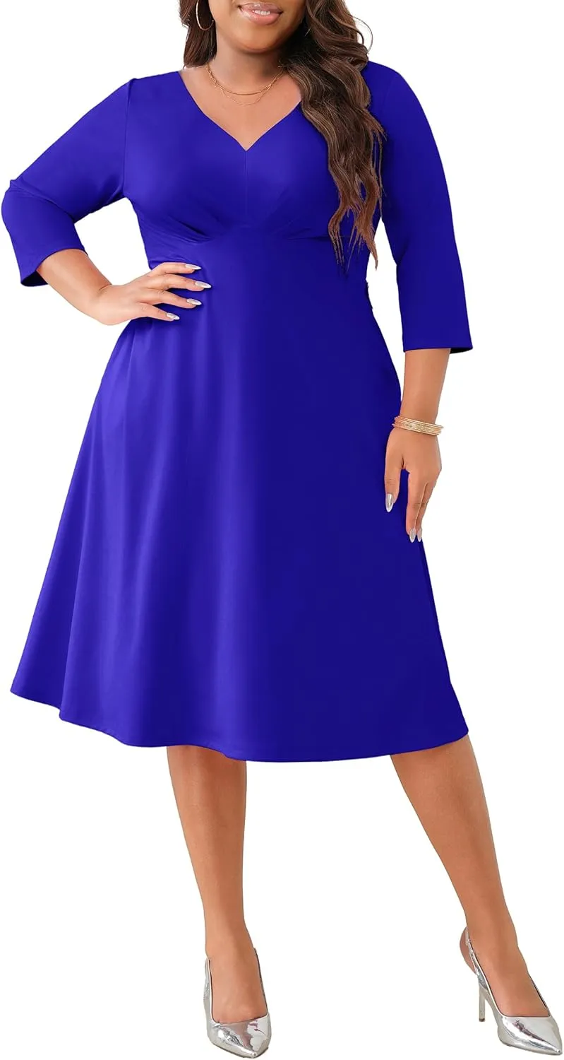 Runwind Plus Size Dresses Women Fit and Flare A-Line Swing Dress 3/4 Sleeve Cocktail A Line Casual Dress with Pockets