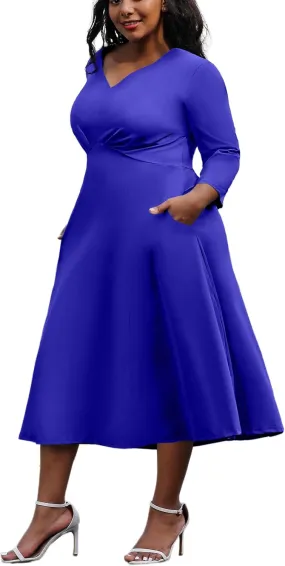 Runwind Plus Size Dresses Women Fit and Flare A-Line Swing Dress 3/4 Sleeve Cocktail A Line Casual Dress with Pockets