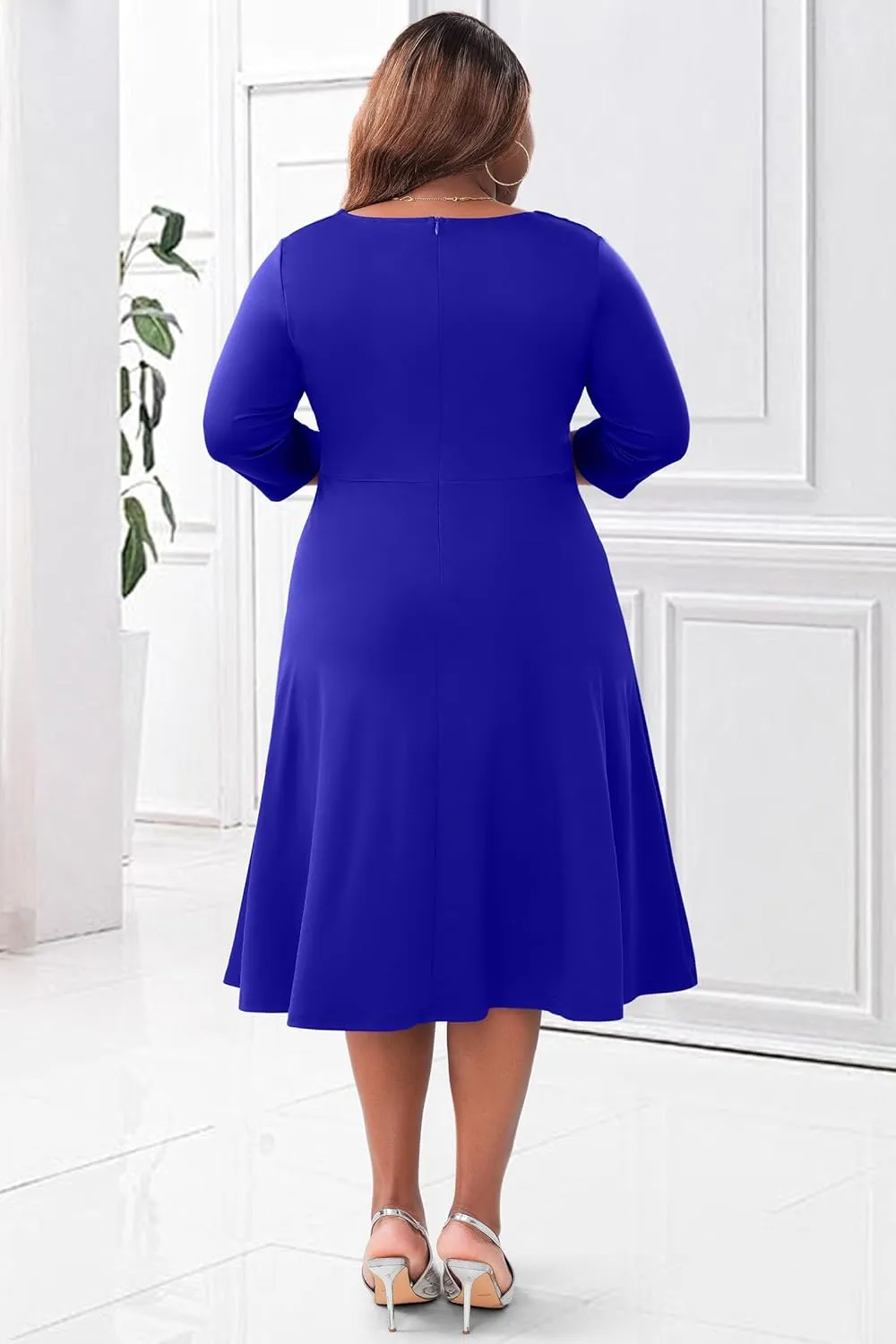 Runwind Plus Size Dresses Women Fit and Flare A-Line Swing Dress 3/4 Sleeve Cocktail A Line Casual Dress with Pockets