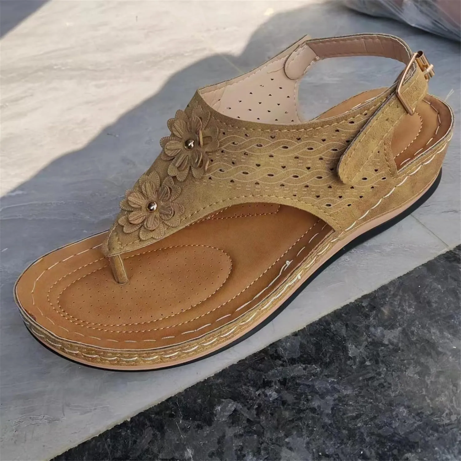 Sandals for Women Wedge Shoes Comfortable Orthopedic Dressy Summer Flip Flops Casual Walking Wedges Sandal Double Flowers Decor Comfort Adjustable Strap Lightweight Beach Solid Work Going Out Shoes