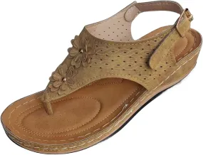 Sandals for Women Wedge Shoes Comfortable Orthopedic Dressy Summer Flip Flops Casual Walking Wedges Sandal Double Flowers Decor Comfort Adjustable Strap Lightweight Beach Solid Work Going Out Shoes