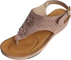 Sandals for Women Wedge Shoes Comfortable Orthopedic Dressy Summer Flip Flops Casual Walking Wedges Sandal Double Flowers Decor Comfort Adjustable Strap Lightweight Beach Solid Work Going Out Shoes