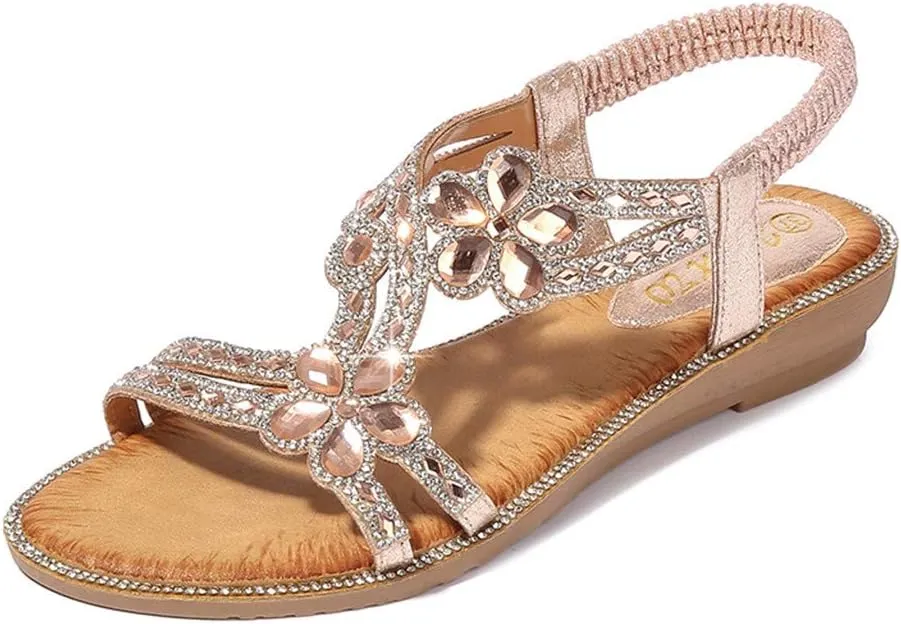 Sandals for Women Women's Flat Sandals Womens Flat for Women Black Beach Rhinestone Open Toe Slip on Casual