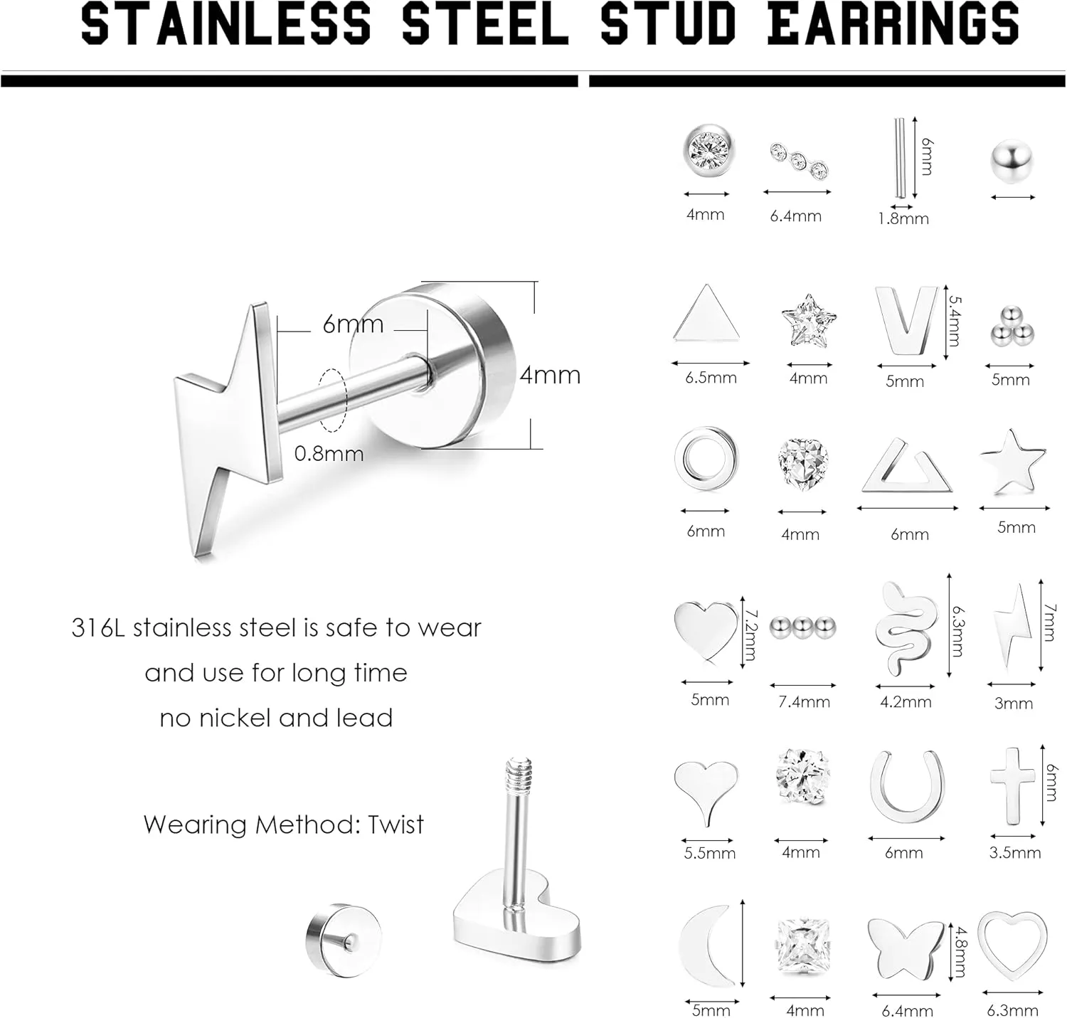Sanfenly Flat Back Stud Earrings for Women Men Hypoallergenic 14K Gold Plated Surgical Stainless Steel Tiny Small Screw Back Stud Earring Sets Dainty 20g Cartilage Earring Pack Helix Piercing Jewelry