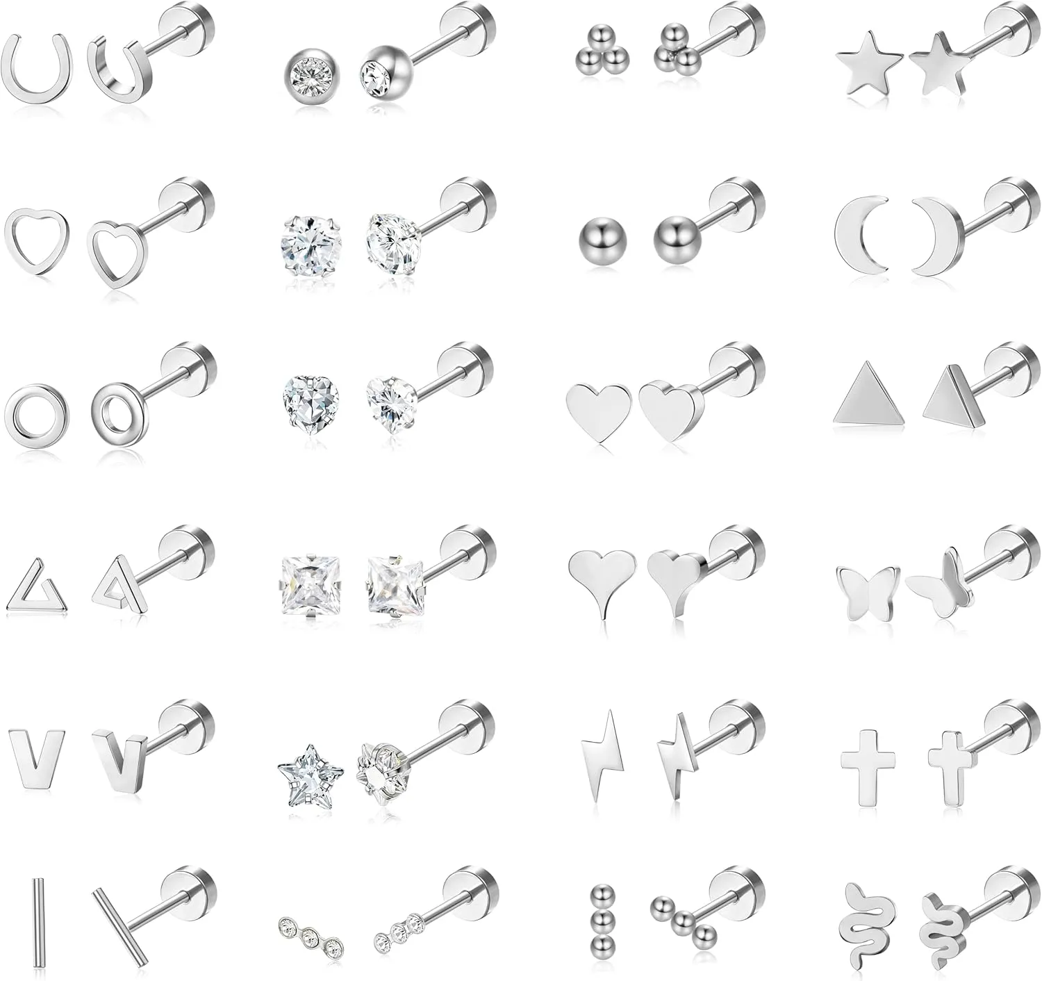 Sanfenly Flat Back Stud Earrings for Women Men Hypoallergenic 14K Gold Plated Surgical Stainless Steel Tiny Small Screw Back Stud Earring Sets Dainty 20g Cartilage Earring Pack Helix Piercing Jewelry