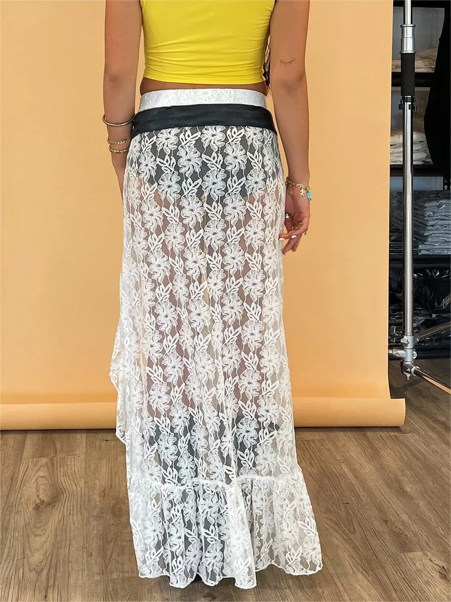Sastianaen Women Lace Long Skirt Y2k Layered Hem Maxi Skirt Sexy See Through Beach Skirt Irregular Mesh Skirt