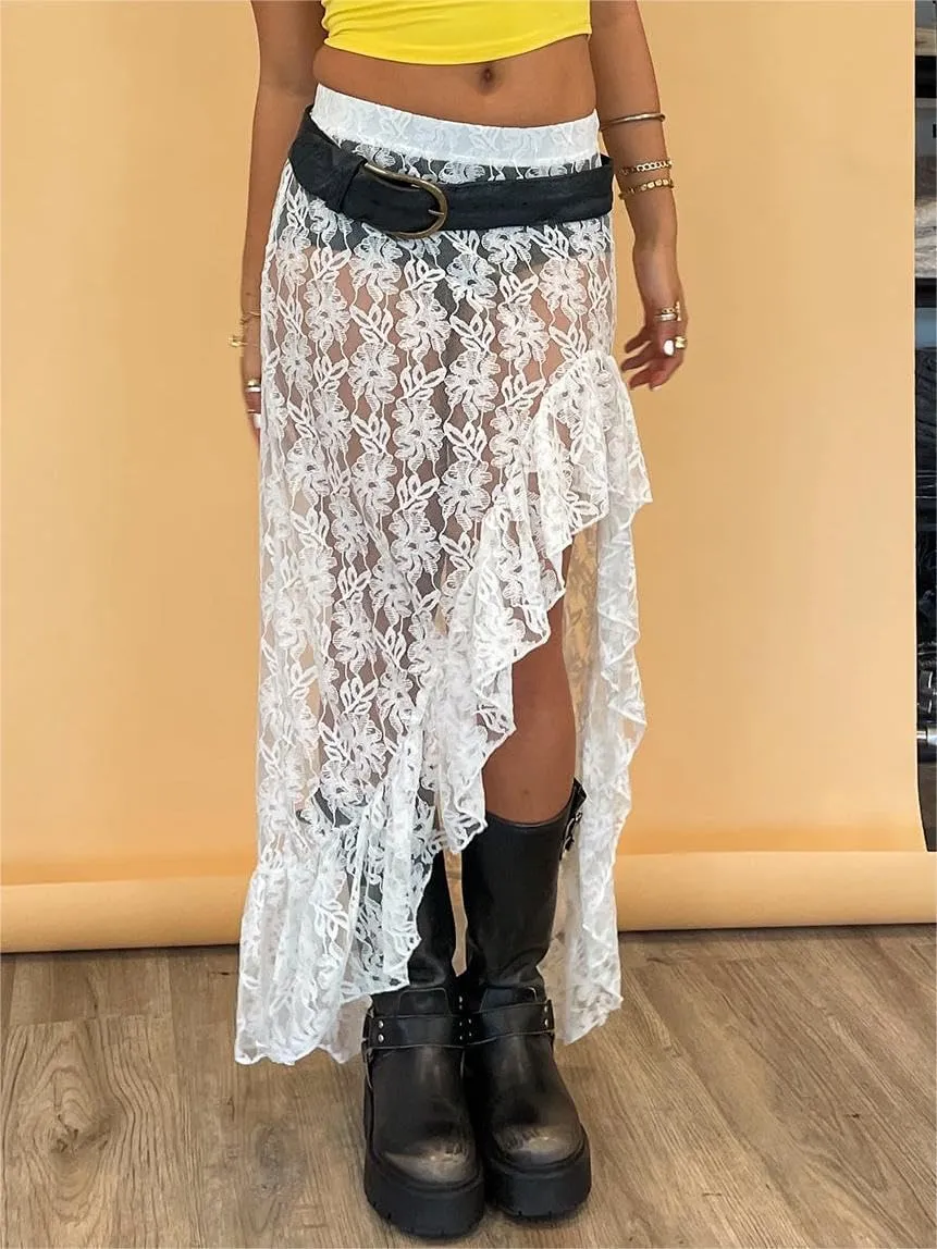 Sastianaen Women Lace Long Skirt Y2k Layered Hem Maxi Skirt Sexy See Through Beach Skirt Irregular Mesh Skirt