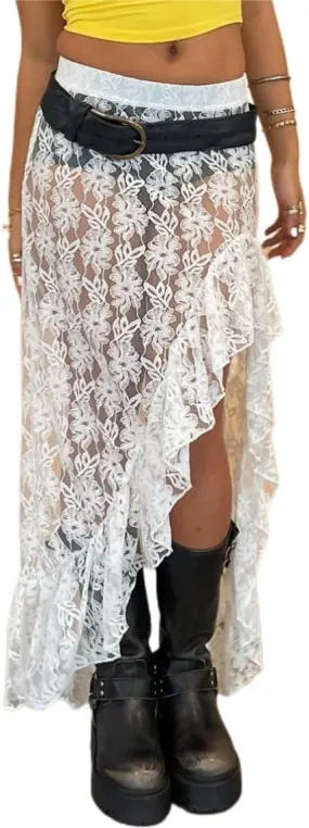 Sastianaen Women Lace Long Skirt Y2k Layered Hem Maxi Skirt Sexy See Through Beach Skirt Irregular Mesh Skirt