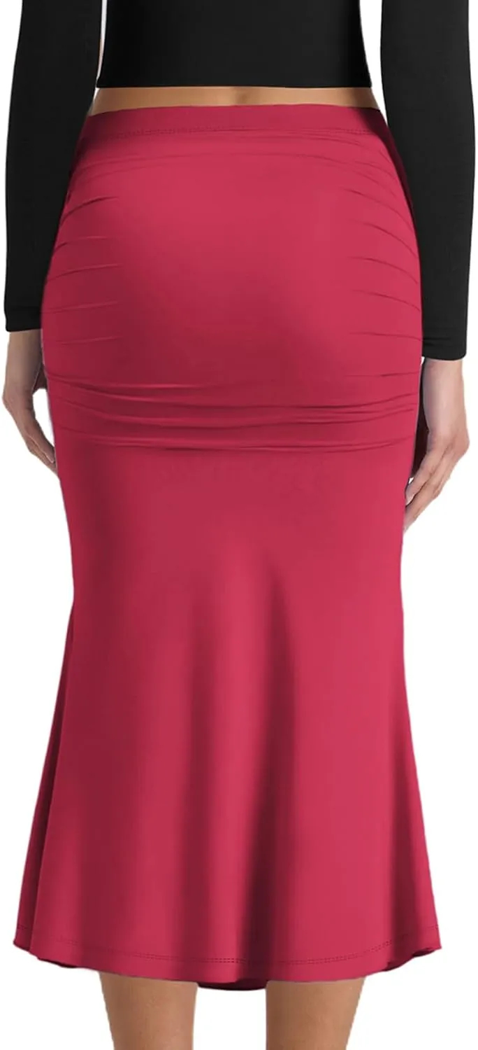 SEBOWEL Women Bodycon Ruched Skirt Shirring High Waist Casual Long Pencil Skirts Stretchy Midi Ruffle Club Party Skirt