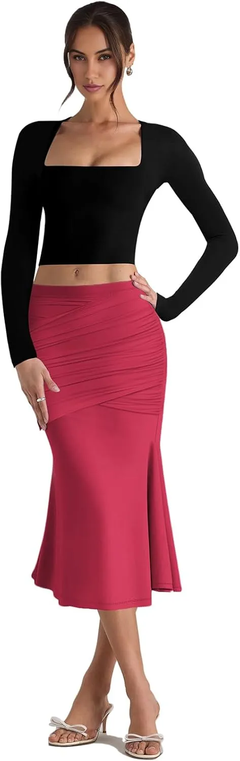 SEBOWEL Women Bodycon Ruched Skirt Shirring High Waist Casual Long Pencil Skirts Stretchy Midi Ruffle Club Party Skirt