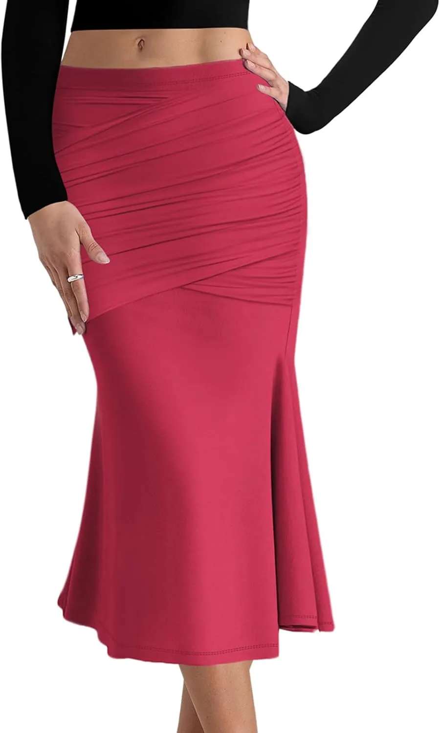 SEBOWEL Women Bodycon Ruched Skirt Shirring High Waist Casual Long Pencil Skirts Stretchy Midi Ruffle Club Party Skirt
