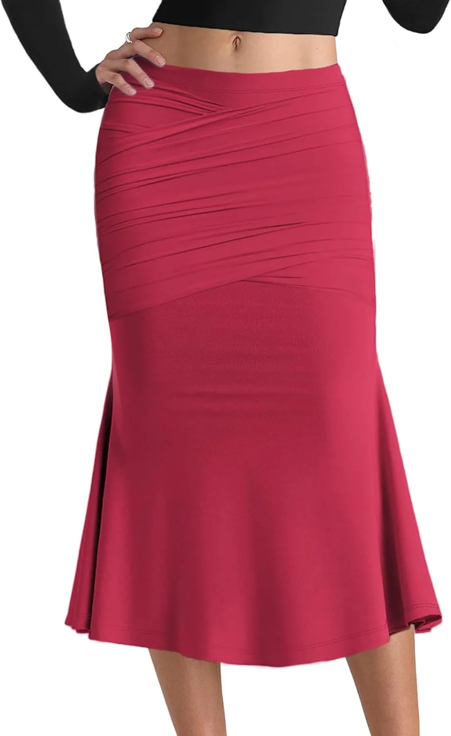 SEBOWEL Women Bodycon Ruched Skirt Shirring High Waist Casual Long Pencil Skirts Stretchy Midi Ruffle Club Party Skirt