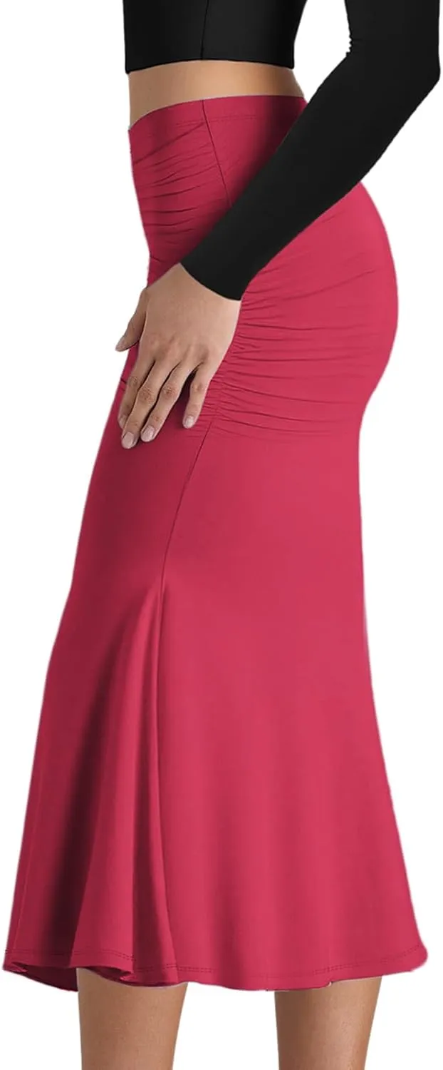 SEBOWEL Women Bodycon Ruched Skirt Shirring High Waist Casual Long Pencil Skirts Stretchy Midi Ruffle Club Party Skirt