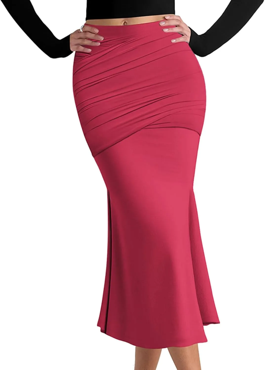 SEBOWEL Women Bodycon Ruched Skirt Shirring High Waist Casual Long Pencil Skirts Stretchy Midi Ruffle Club Party Skirt