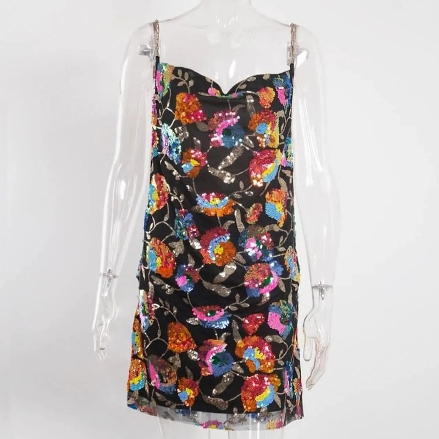 Sequin Dress for Women Sparkly Sexy Spaghetti Strap Backless Deep V Neck Low Cut Mini Dresses for Party Cocktail Club