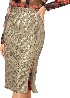 Sequin Midi Skirt with Slit for Women Elegant Sparkle High Waist Pencil Cocktail Party Skirt Business Work Skirts
