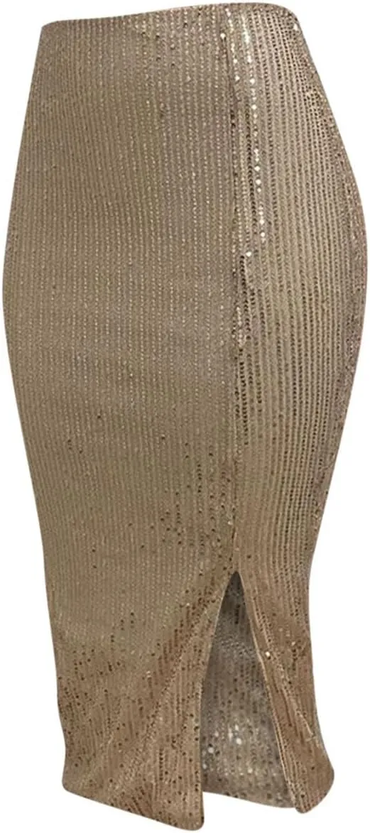 Sequin Midi Skirt with Slit for Women Elegant Sparkle High Waist Pencil Cocktail Party Skirt Business Work Skirts