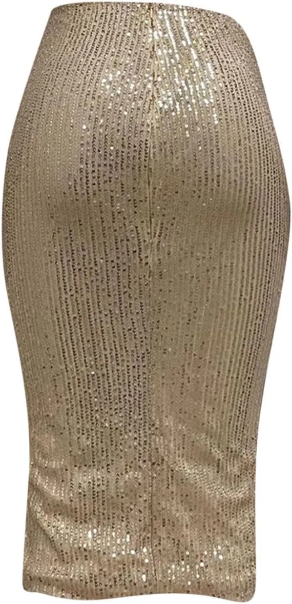 Sequin Midi Skirt with Slit for Women Elegant Sparkle High Waist Pencil Cocktail Party Skirt Business Work Skirts